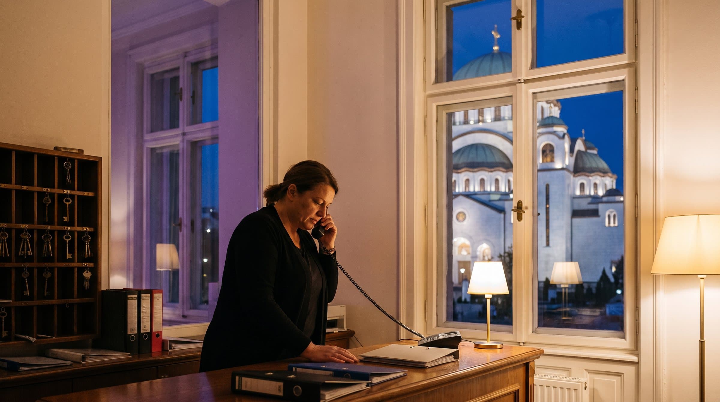 Noćna recepcionerka hotela razgovara telefonom, kroz prozor se vidi velika bela kupola Hrama Svetog Save u Beogradu u plavi čas