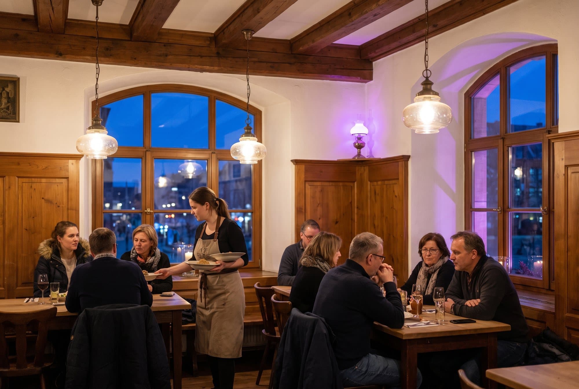 Pun restoran u vreme ručka, konobarica služi goste za drvenim stolovima